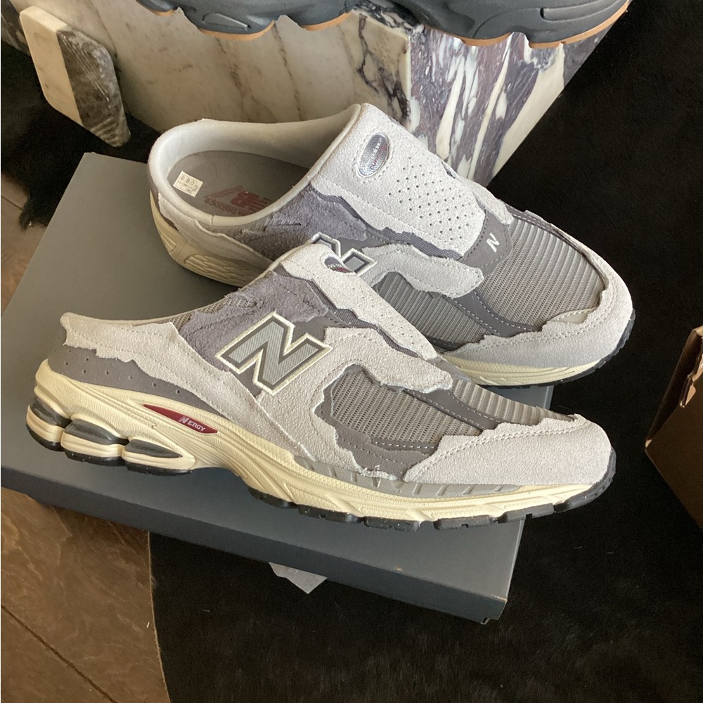 New Balance Gray and White Slip-On Mules
